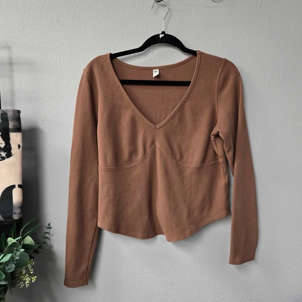 BP Ribbed Waffle Knit V-Neck Corset Seam Long Sleeve Top Brown XL